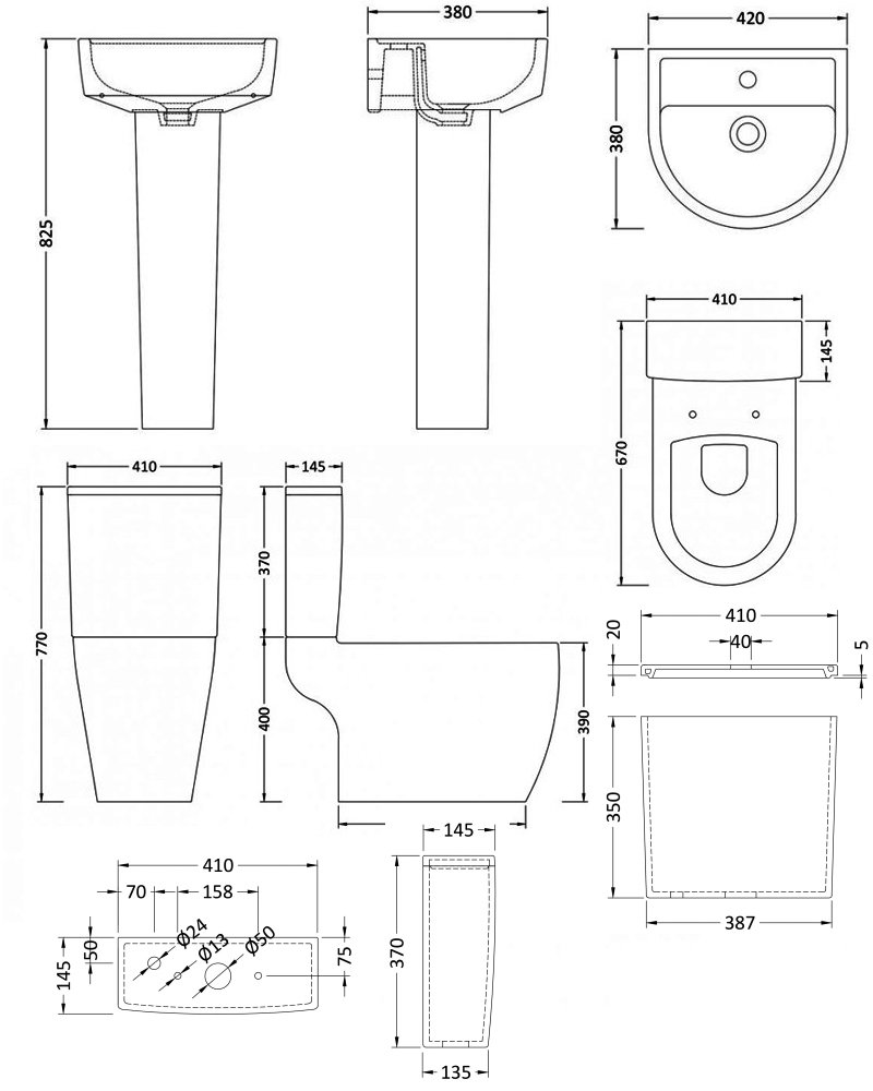 Nuie Provost Bathroom Suite Close Coupled Toilet and Basin 420mm - 1 Tap Hole