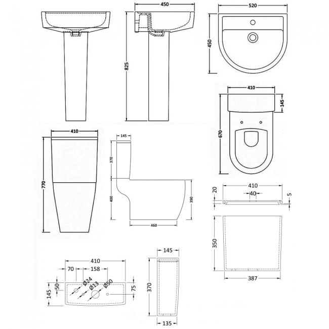Nuie Provost Bathroom Suite Close Coupled Toilet and Basin 520mm - 1 Tap Hole