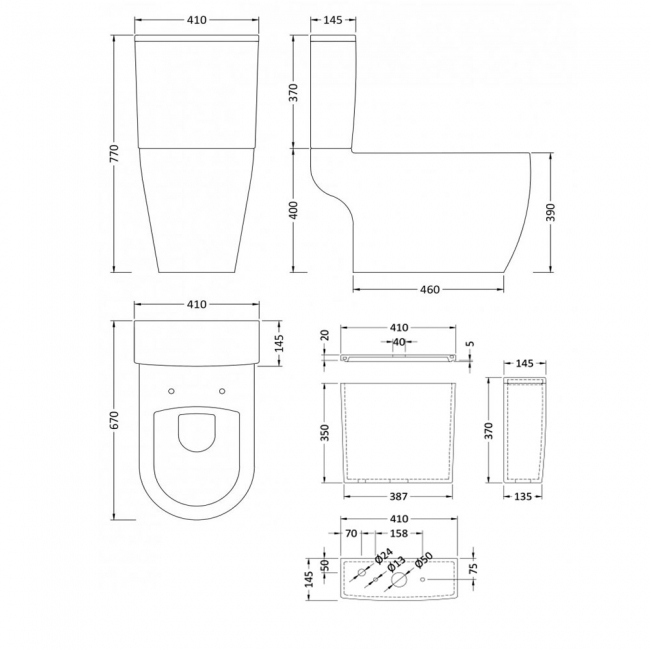 Nuie Provost Close Coupled Pan Push Button Cistern 670mm Projection - Excluding Seat