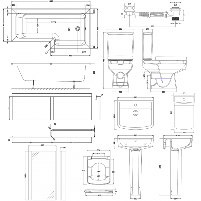 Quattro Modern Complete Bathroom Suite with L-Shaped Bath 1700mm - Right Handed