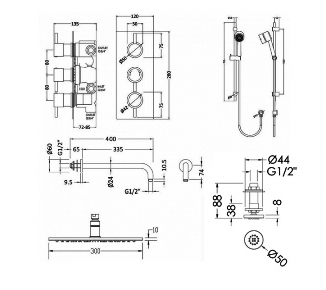 Nuie Quest Rectangular Concealed Shower Mixer with Shower Kit LED Fixed head and Body Jets - Chrome  | Dimension Image