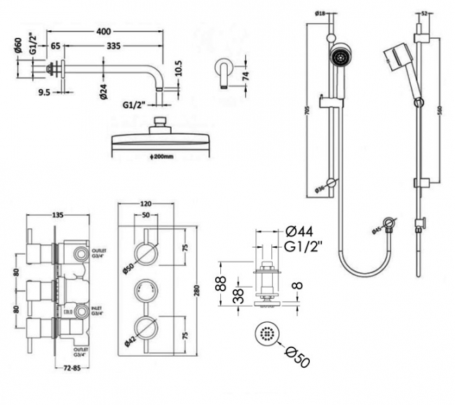Nuie Quest Concealed Shower Mixer with Slider Rail Kit Fixed Head and Body Jets - Chrome  | Dimension Image