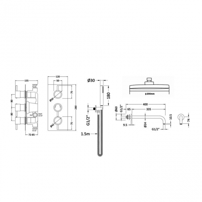 Nuie Quest Triple Thermostatic Complete Shower Valve and Shower Kit