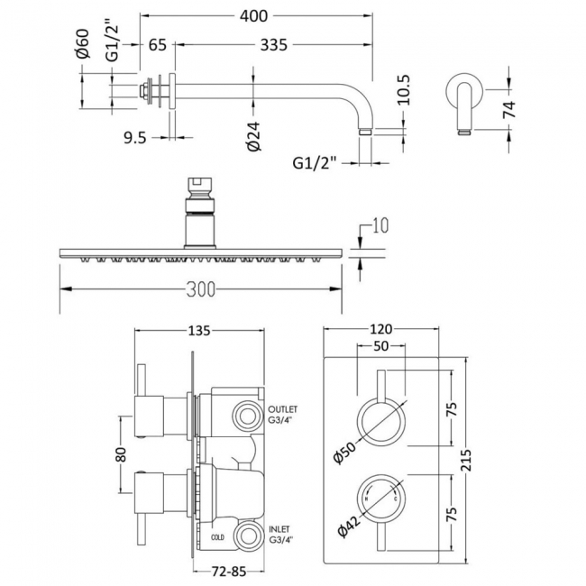 Nuie Quest Rectangular Concealed Shower Mixer with LED Fixed Head and Diverter - Chrome  | Dimension Image
