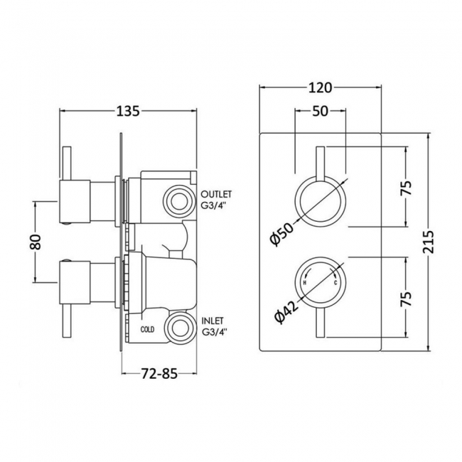 Nuie Quest Rectangular Concealed Shower Valve with Diverter Dual Handle - Chrome