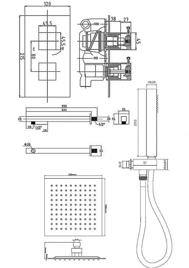 Nuie Rectangular Twin Valve Concealed Mixer Shower with Square Fixed Head and Handset