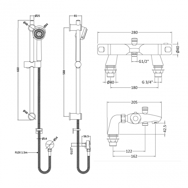 Nuie Reef Thermostatic Bath Shower Mixer with Multi Function Slider Rail Kit - Chrome  | Dimension Image