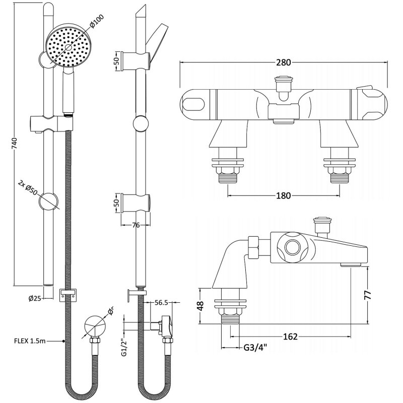 Nuie Reef Thermostatic Bath Shower Mixer with Water Saving Slider Rail Kit - Chrome