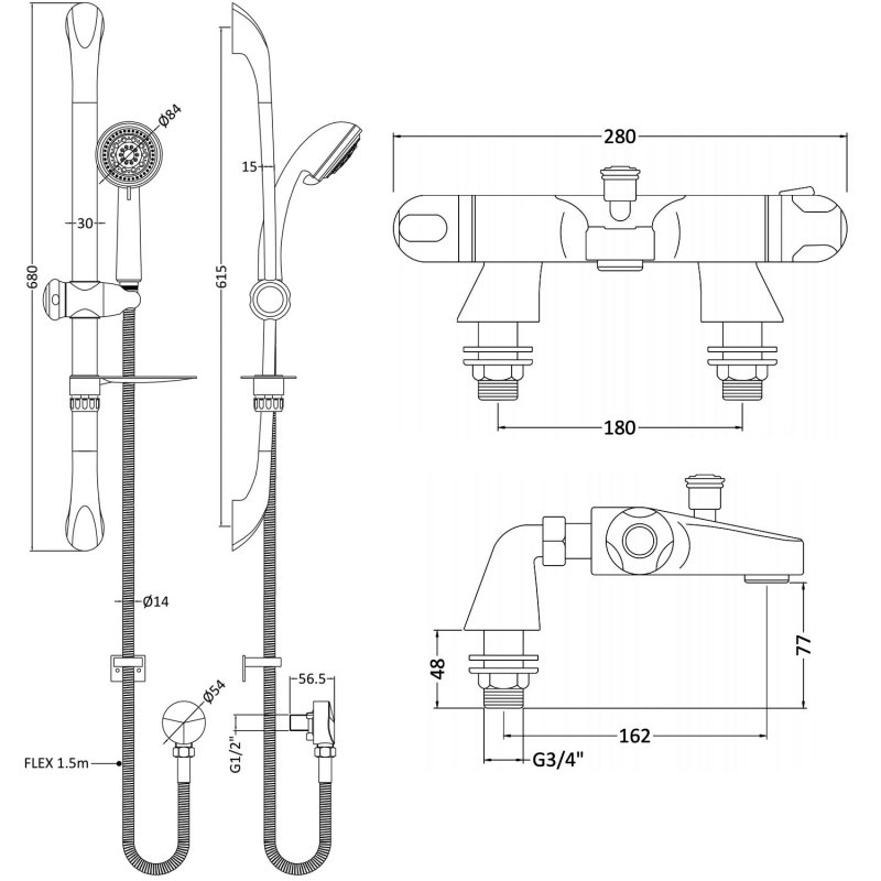 Nuie Reef Thermostatic Bath Shower Mixer with Luxury Curved Slider Rail Kit - Chrome  | Dimension Image