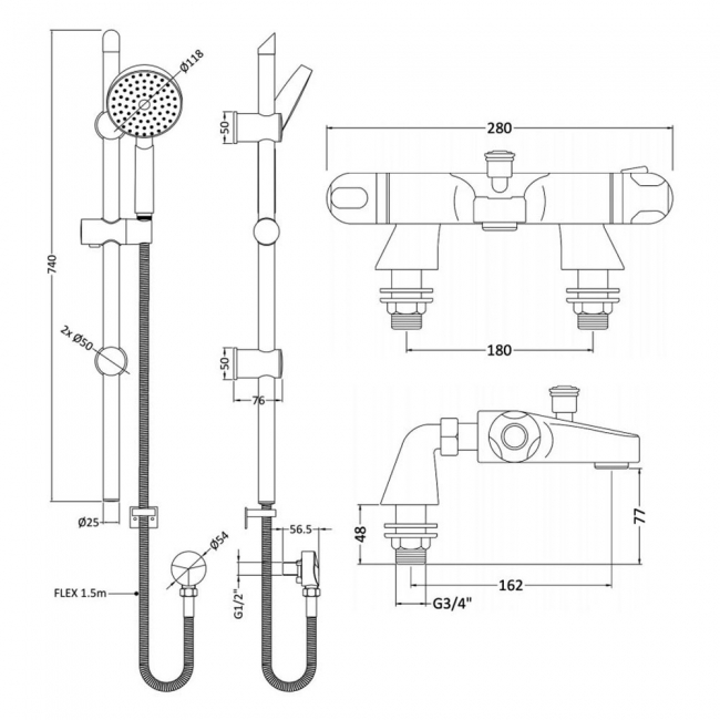Nuie Reef Thermostatic Bath Shower Mixer with Slim Single Function Slider Rail Kit - Chrome