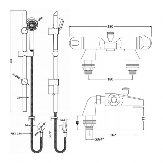 Nuie Reef Thermostatic Bath Shower Mixer with Single Function Slider Rail Kit - Chrome  | Dimension Image