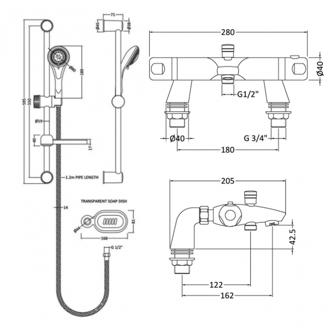 Nuie Reef Thermostatic Bath Shower Mixer with Classic Multi Function Slider Rail Kit - Chrome