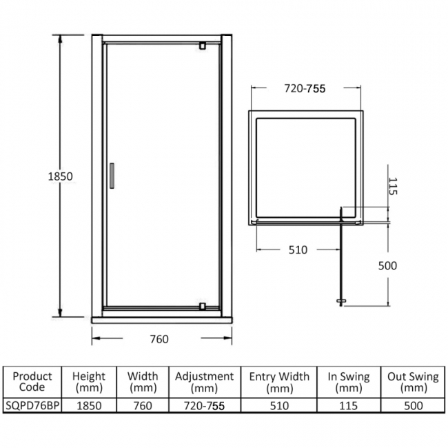 Nuie Rene Black Pivot Shower Door 760mm Wide - 6mm Glass