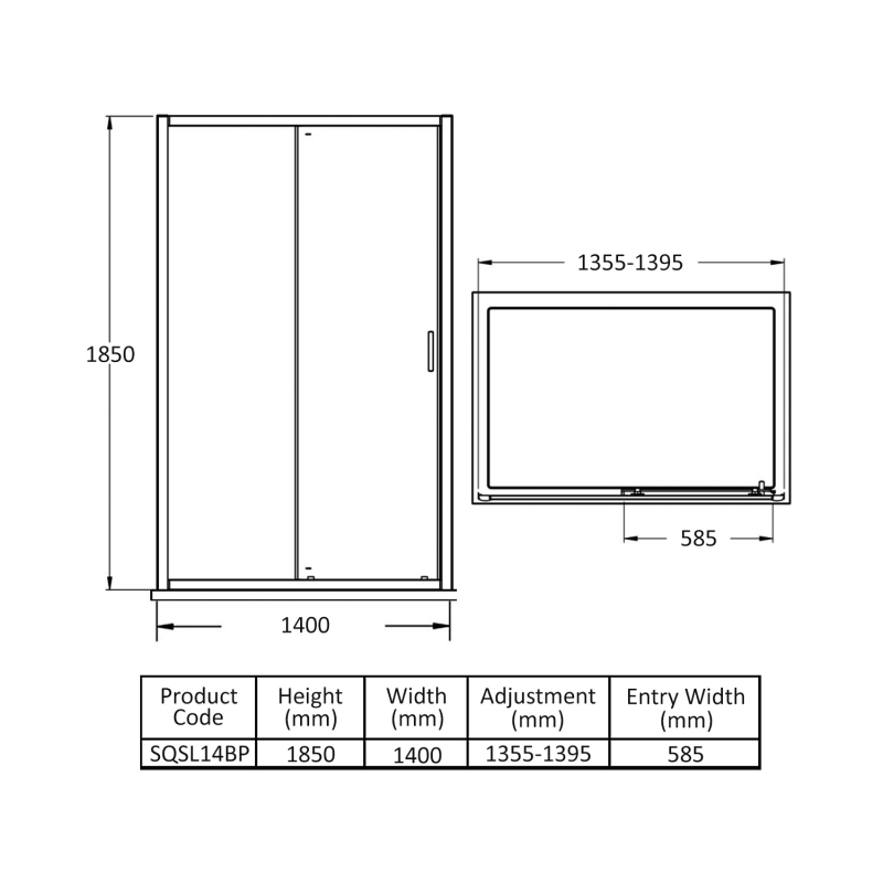 Nuie Rene Black Sliding Shower Door 1400mm Wide - 6mm Glass