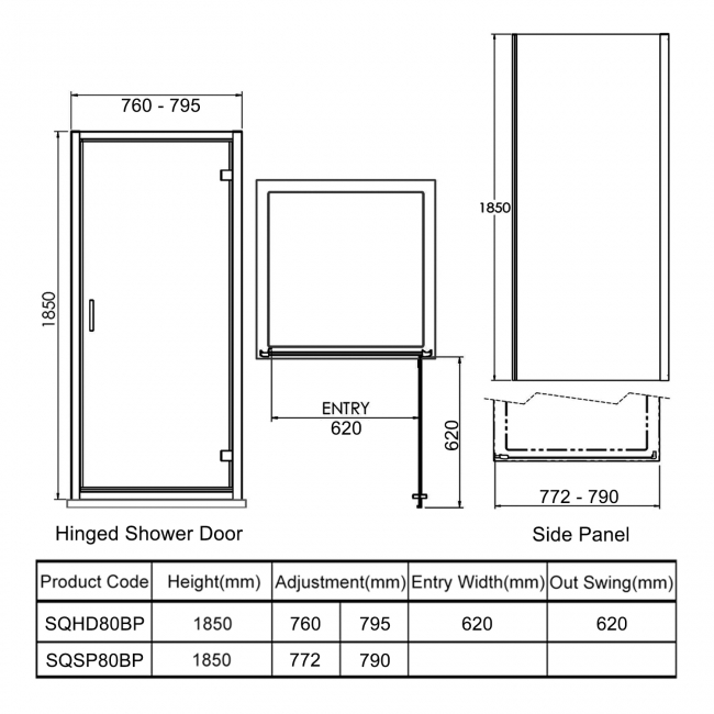 Nuie Rene Black Shower Enclosure 800x800mm SQHD80BP + SQSP80BP