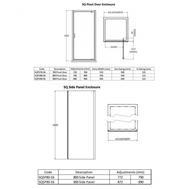 Nuie Rene Black Pivot Door Rectangular Shower Enclosure 900mm x 800mm - 6mm Glass