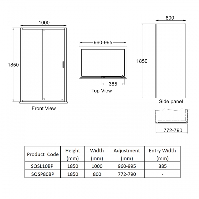 Nuie Rene Black Sliding Door Rectangular Shower Enclosure 1000mm x 800mm - 6mm Glass