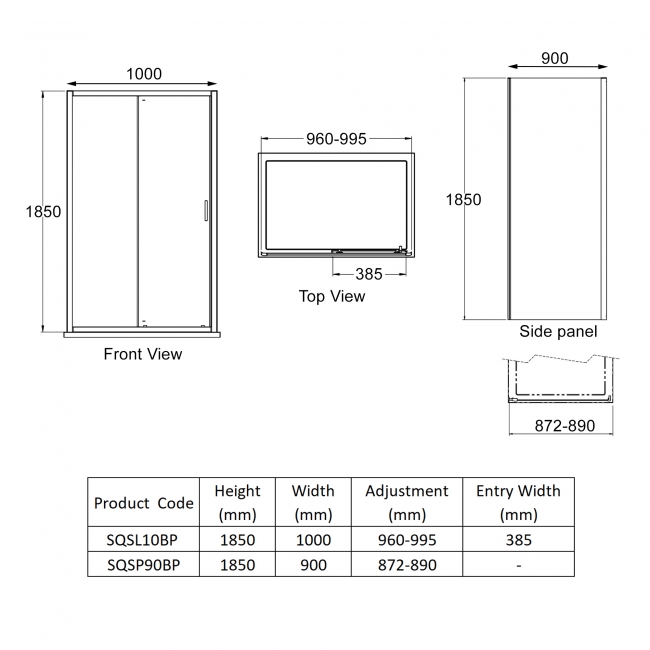Nuie Rene Black Sliding Door Rectangular Shower Enclosure 1000mm x 900mm - 6mm Glass