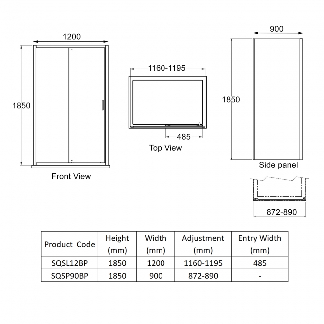 Nuie Rene Black Sliding Door Rectangular Shower Enclosure 1200mm x 900mm - 6mm Glass