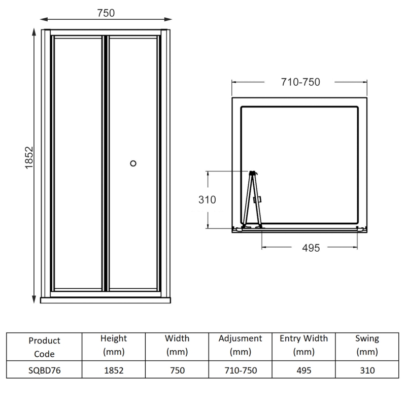 Nuie Rene Bi-Fold Shower Door 760mm Wide - 4mm Glass