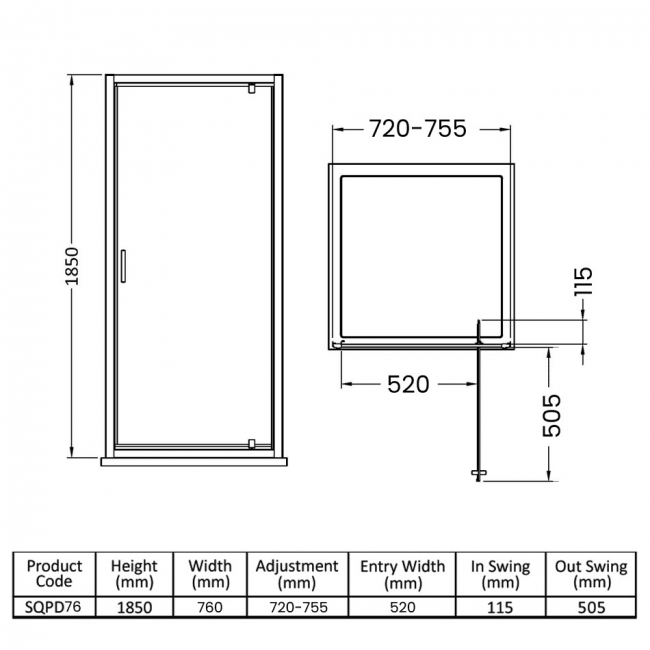Nuie Rene Pivot Shower Door 760mm Wide - 6mm Glass