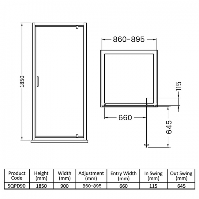 Nuie Rene Pivot Shower Door 900mm Wide - 6mm Glass