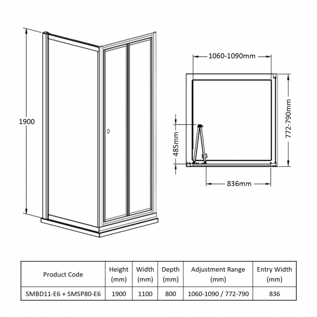 Nuie Rene Bi-Fold Door Rectangular Shower Enclosure 1100mm x 800mm - 4mm Glass  | Dimension Image