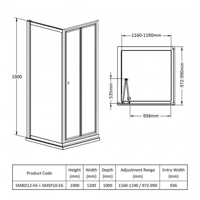 Nuie Rene Bi-Fold Door Rectangular Shower Enclosure 1200mm x 1000mm - 4mm Glass  | Dimension Image