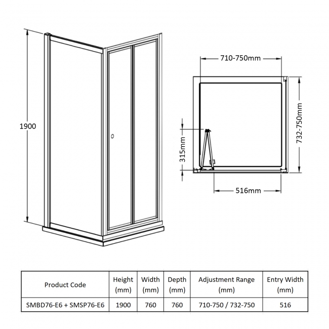 Nuie Rene Bi-Fold Door Square Shower Enclosure 760mm x 760mm - 4mm Glass  | Dimension Image