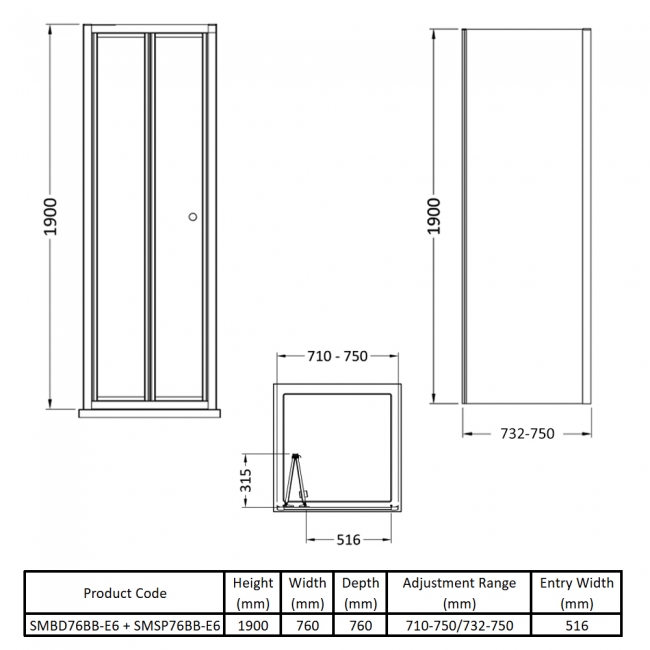 Nuie Rene Brushed Brass Bi-Fold Door Square Shower Enclosure 760mm x 760mm - 4mm Glass  | Dimension Image