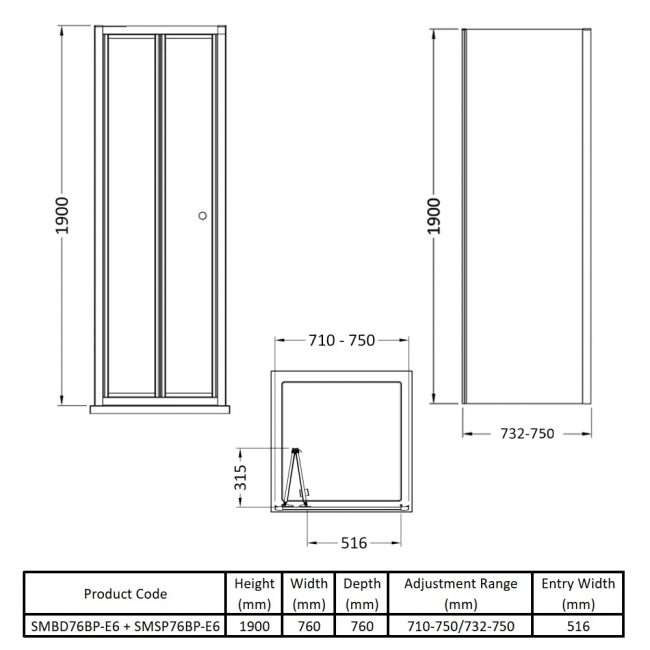Nuie Rene Black Bi-Fold Door Square Shower Enclosure 760mm x 760mm - 4mm Glass  | Dimension Image