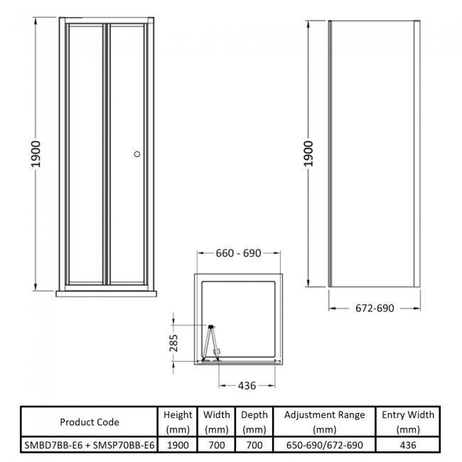 Nuie Rene Brushed Brass Bi-Fold Door Square Shower Enclosure 700mm x 700mm - 4mm Glass  | Dimension Image
