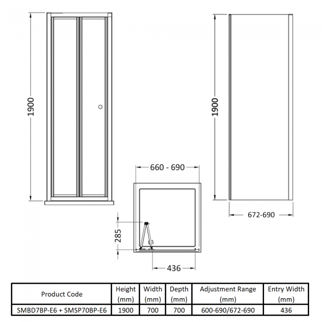 Nuie Rene Black Bi-Fold Door Square Shower Enclosure 700mm x 700mm - 4mm Glass  | Dimension Image