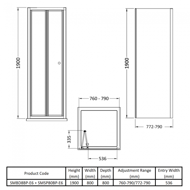 Nuie Rene Black Bi-Fold Door Square Shower Enclosure 800mm x 800mm - 4mm Glass  | Dimension Image