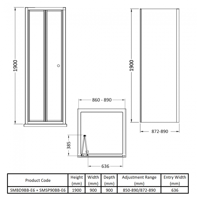 Nuie Rene Brushed Brass Bi-Fold Door Square Shower Enclosure 900mm x 900mm - 4mm Glass  | Dimension Image