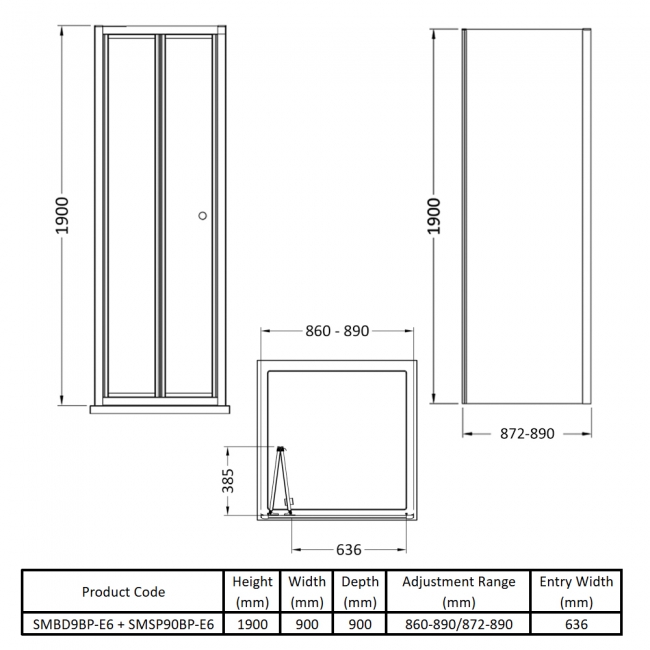 Nuie Rene Black Bi-Fold Door Square Shower Enclosure 900mm x 900mm - 4mm Glass  | Dimension Image