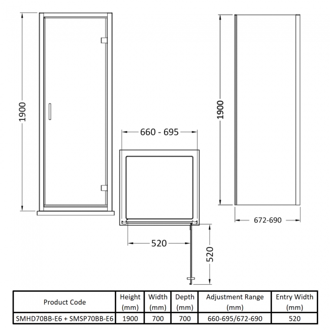 Nuie Rene Brushed Brass Hinged Door Square Shower Enclosure 700mm x 700mm - 6mm Glass  | Dimension Image
