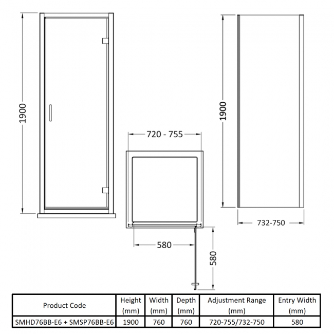 Nuie Rene Brushed Brass Hinged Door Square Shower Enclosure 760mm x 760mm - 6mm Glass  | Dimension Image