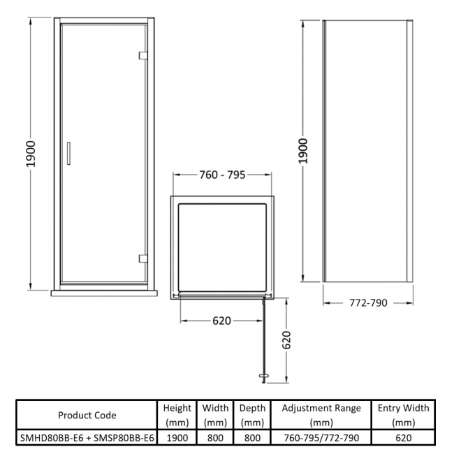Nuie Rene Brushed Brass Hinged Door Square Shower Enclosure 800mm x 800mm - 6mm Glass  | Dimension Image