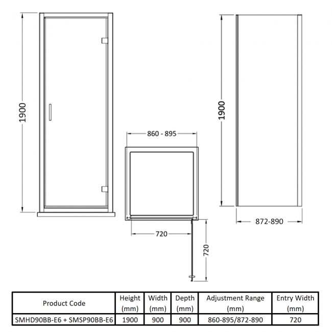 Nuie Rene Brushed Brass Hinged Door Square Shower Enclosure 900mm x 900mm - 6mm Glass  | Dimension Image