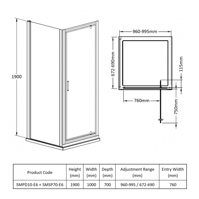 Nuie Rene Pivot Door Rectangular Shower Enclosure 1000mm x 700mm - 6mm Glass  | Dimension Image
