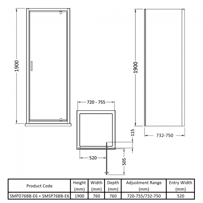 Nuie Rene Brushed Brass Pivot Door Square Shower Enclosure 760mm x 760mm - 6mm Glass  | Dimension Image