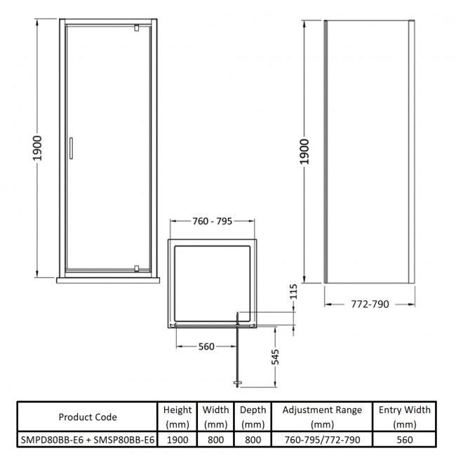 Nuie Rene Brushed Brass Pivot Door Square Shower Enclosure 800mm x 800mm - 6mm Glass  | Dimension Image