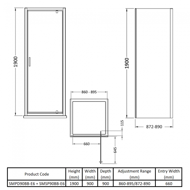 Nuie Rene Brushed Brass Pivot Door Square Shower Enclosure 900mm x 900mm - 6mm Glass  | Dimension Image
