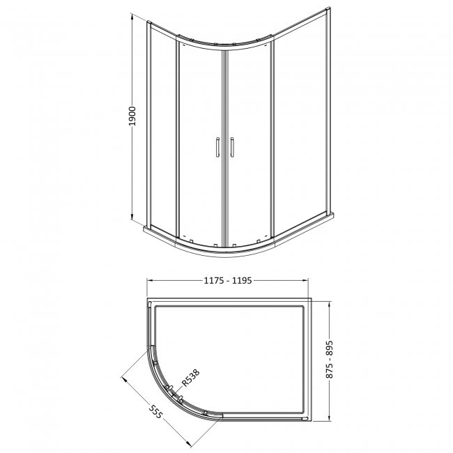 Nuie Rene Matt Black Offset Quadrant Shower Enclosure 1200mm x 900mm - 6mm Glass  | Dimension Image