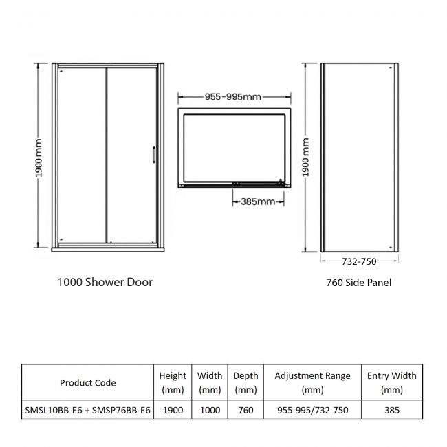 Nuie Rene Brushed Brass Sliding Door Rectangular Shower Enclosure 1000mm x 760mm - 6mm Glass  | Dimension Image