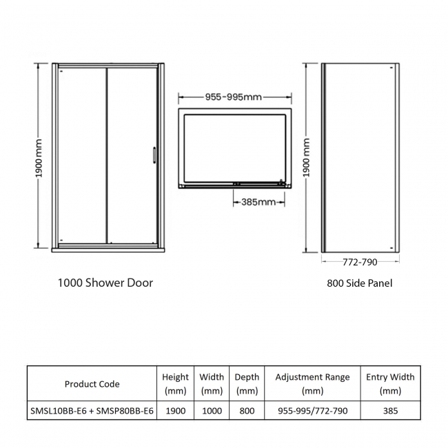 Nuie Rene Brushed Brass Sliding Door Rectangular Shower Enclosure 1000mm x 800mm - 6mm Glass  | Dimension Image