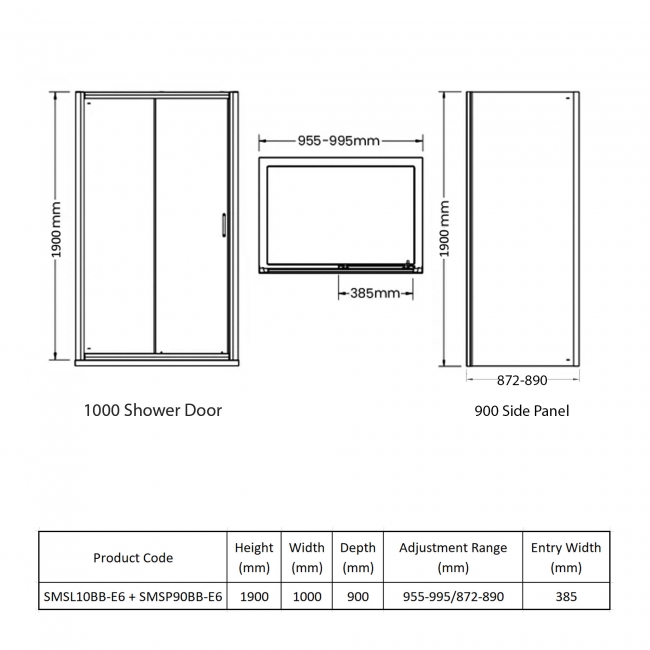 Nuie Rene Brushed Brass Sliding Door Rectangular Shower Enclosure 1000mm x 900mm - 6mm Glass  | Dimension Image
