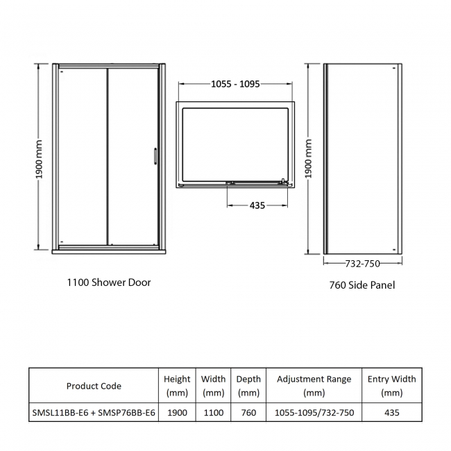 Nuie Rene Brushed Brass Sliding Door Rectangular Shower Enclosure 1100mm x 760mm - 6mm Glass  | Dimension Image
