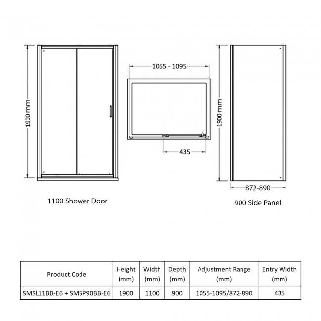 Nuie Rene Brushed Brass Sliding Door Rectangular Shower Enclosure 1100mm x 900mm - 6mm Glass  | Dimension Image